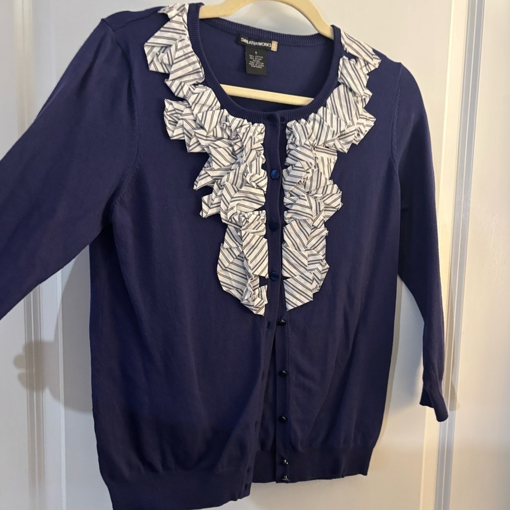 Women's SweaterWorks Blue Ruffled Cardigan Sweater Sz S